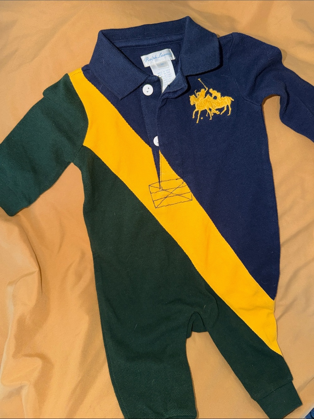 Ralph Lauren Navy, Green & Yellow Polo-Stripe Baby One-Piece